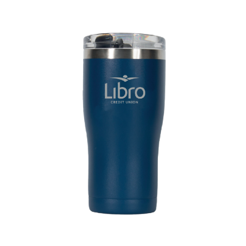Navy blue tumbler with silver lid featuring 'Libro Credit Union' logo on a white background